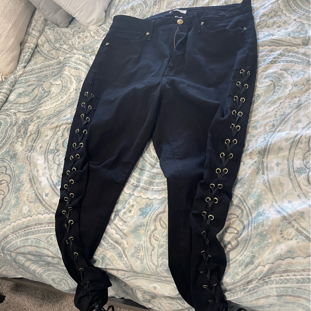 Good American, Good Waist, size 16. All black, leather lace up, legging jeans